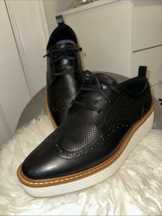 Cole Haan Black Leather Wingtip Platform Oxfords with White Sole- Women